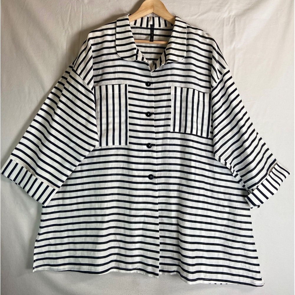 IC by Connie K Women Striped Button Front Tunic XXL Ramie Oversized Artsy Boho